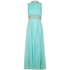 1960s Cerdley Turquoise Pleated Chiffon Beaded Gown