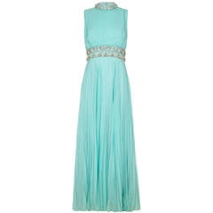 1960s Cerdley Turquoise Pleated Chiffon Beaded Gown 3