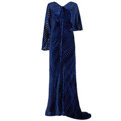1930’s Blue Burnout Velvet Gown With Train