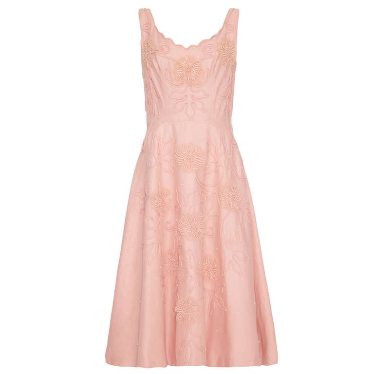 1950’s Pink Linen Dress with Applique and Pearls at 1stdibs