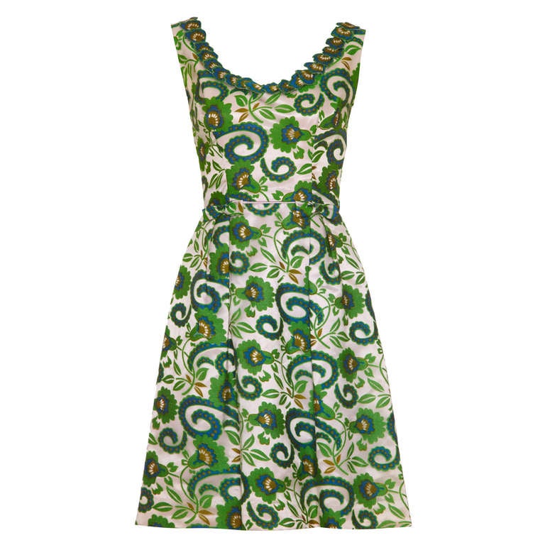 1960’s Silk Dress with Bold Green and Blue Floral Print