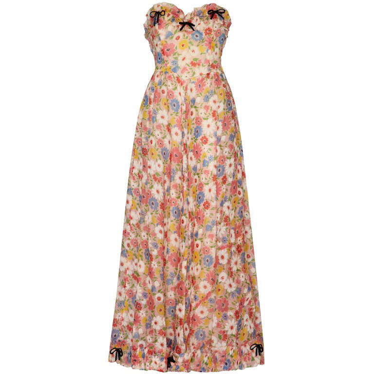 1950’s Floral Print Strapless Organza Dress With Bows