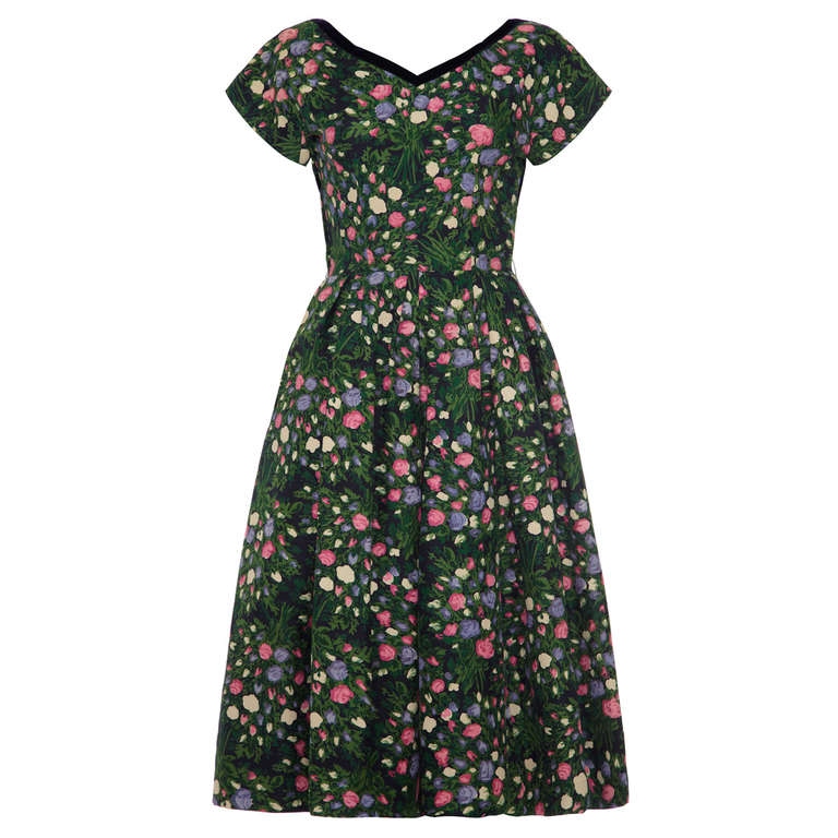 1950’s Green Floral Print Silk Dress