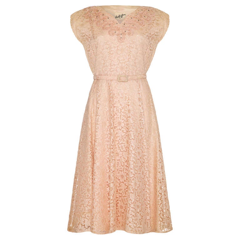 1950’s Pale Pink Lace Dress with Applique Detail