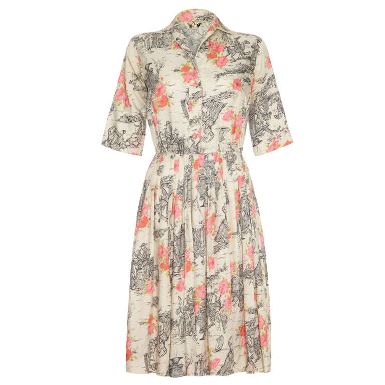 1950’s Silk Day Dress with Floral and Country Scene Print