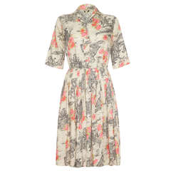 Vintage 1950’s Silk Day Dress with Floral and Country Scene Print