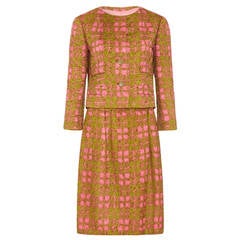 1960s Christian Dior Pink and Green Ribbon Work Skirt Suit