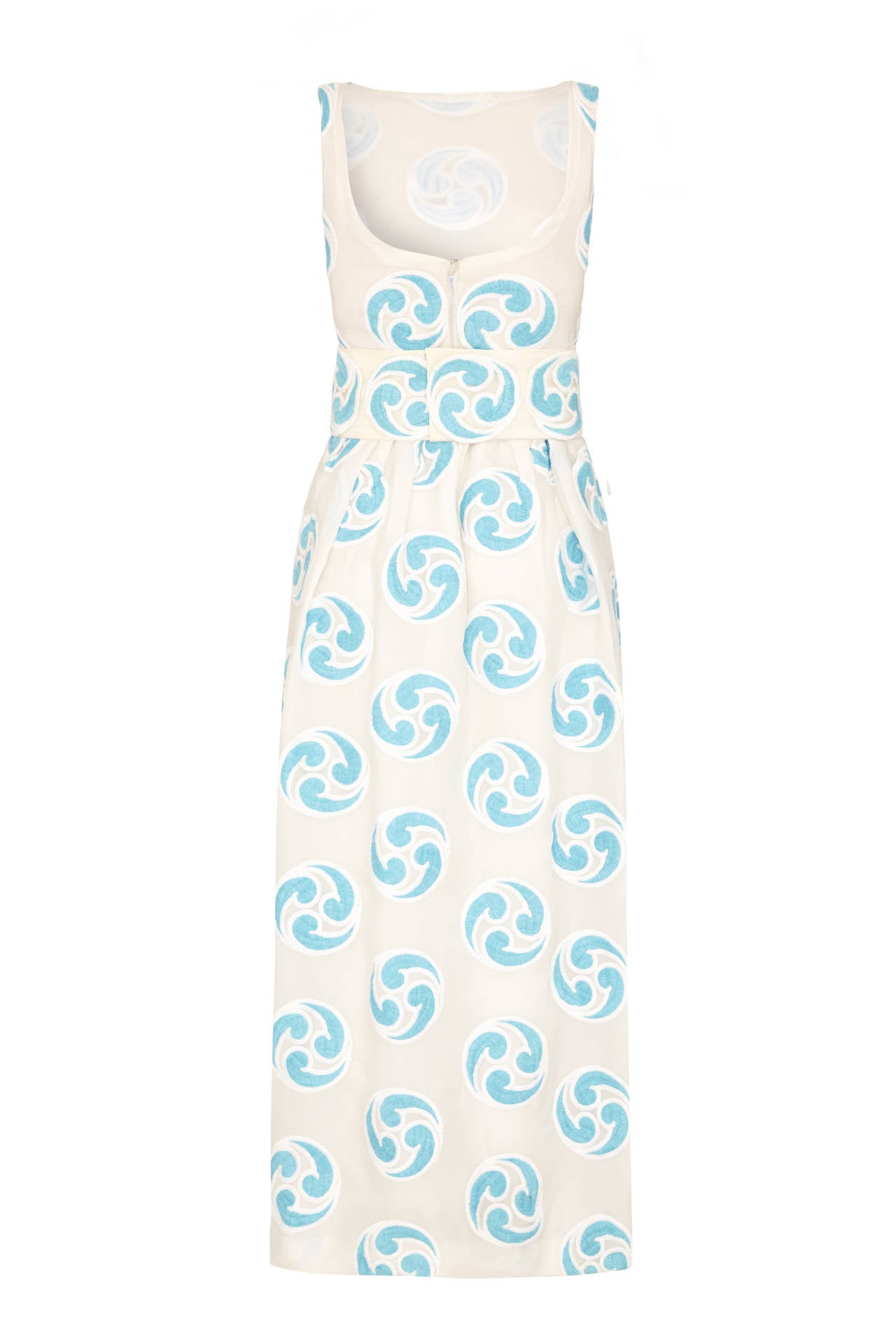 1960s White Organza Dress with Turquoise Embroidery