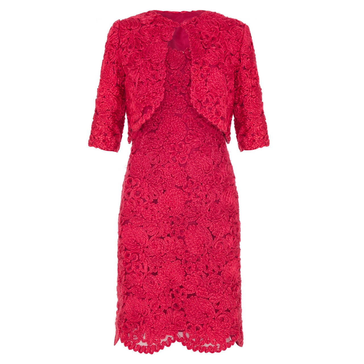 1960s French Couture Red Wool Applique Dress Suit For Sale at 1stdibs