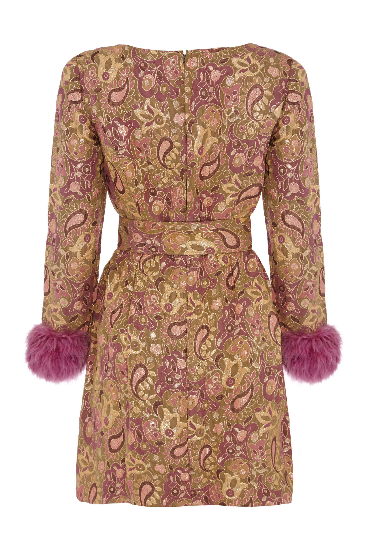 Fabulous purple brocade dress with gold metallic threads running throughout by iconic designer Jean Varon.  This is a fantastic 60s piece and features full length sleeves with purple fur cuffs and a bubble hem skirt.  Inside the dress is fully lined