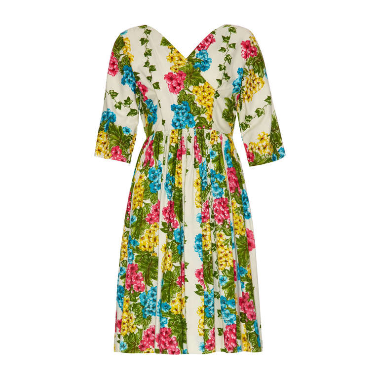 Superb 1950s Cotton Long Sleeved Floral Dress