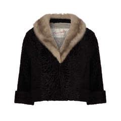 Retro 1950s Schiaparelli Black Textured Velvet Jacket With Fur Collar