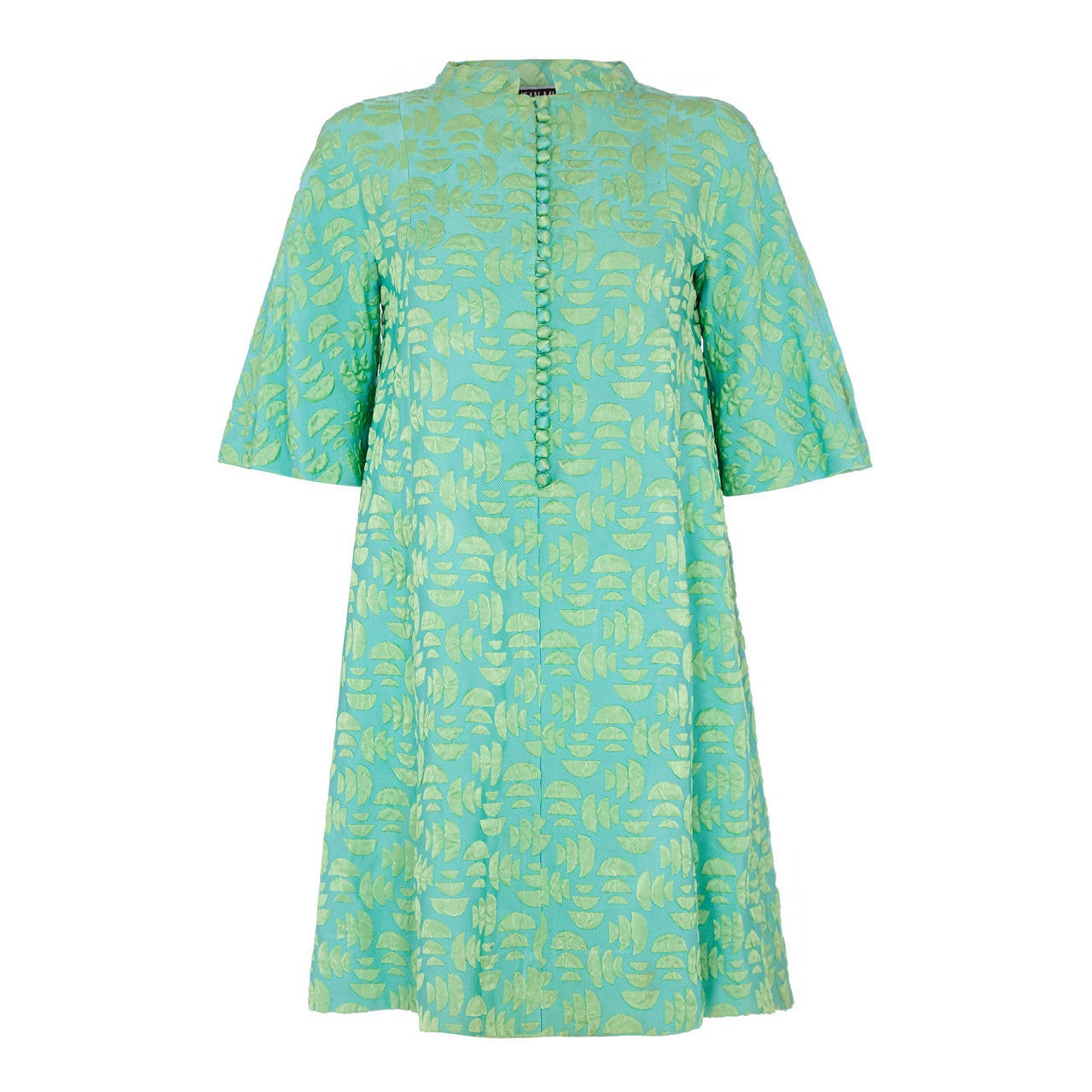 Very Early 1960s Jean Muir Turquoise Silk Jacquard Dress