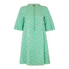 Very Early 1960s Jean Muir Turquoise Silk Jacquard Dress