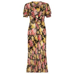 1930s Black, Pink and Yellow Floral Chiffon Dress