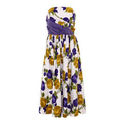 1950’s Purple and Yellow Rose Print Strapless Cotton Dress 5