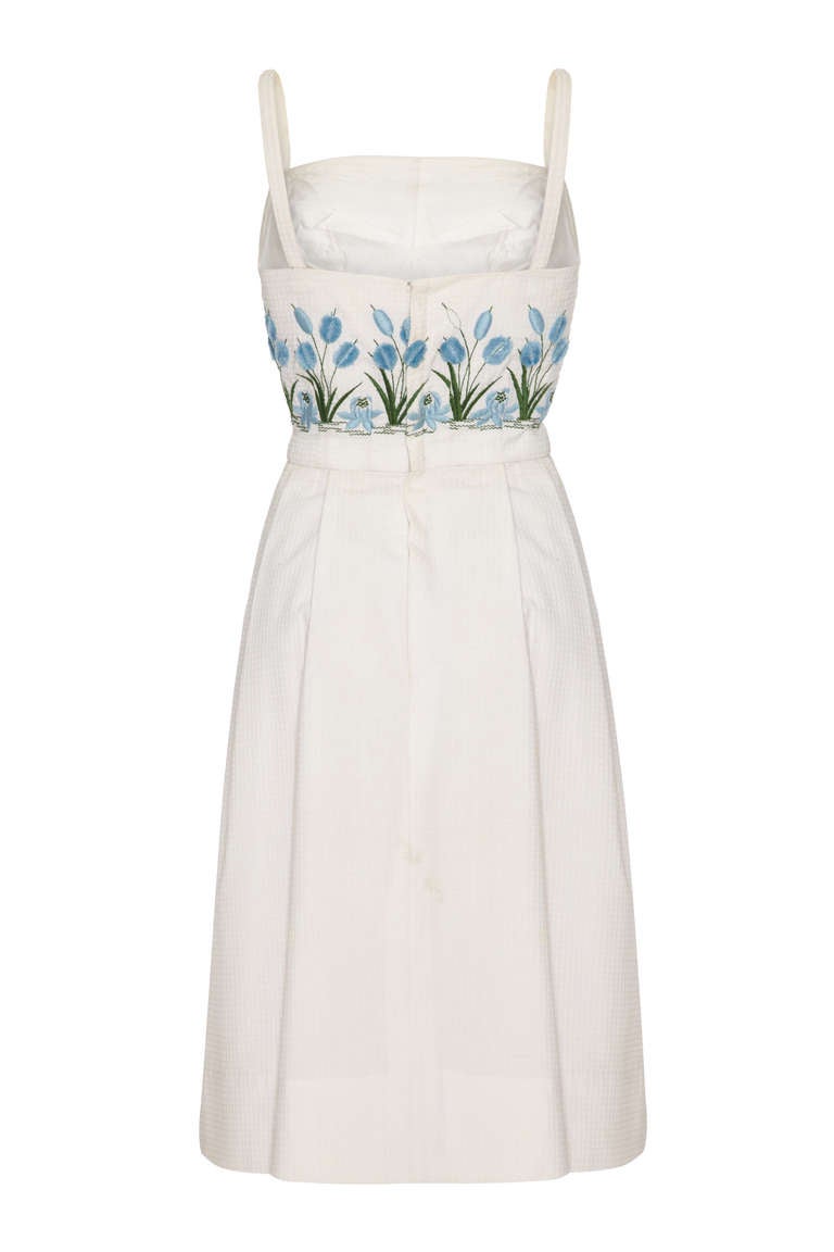 1950s/60s Tina Leser White Sundress with 3D Embroidery