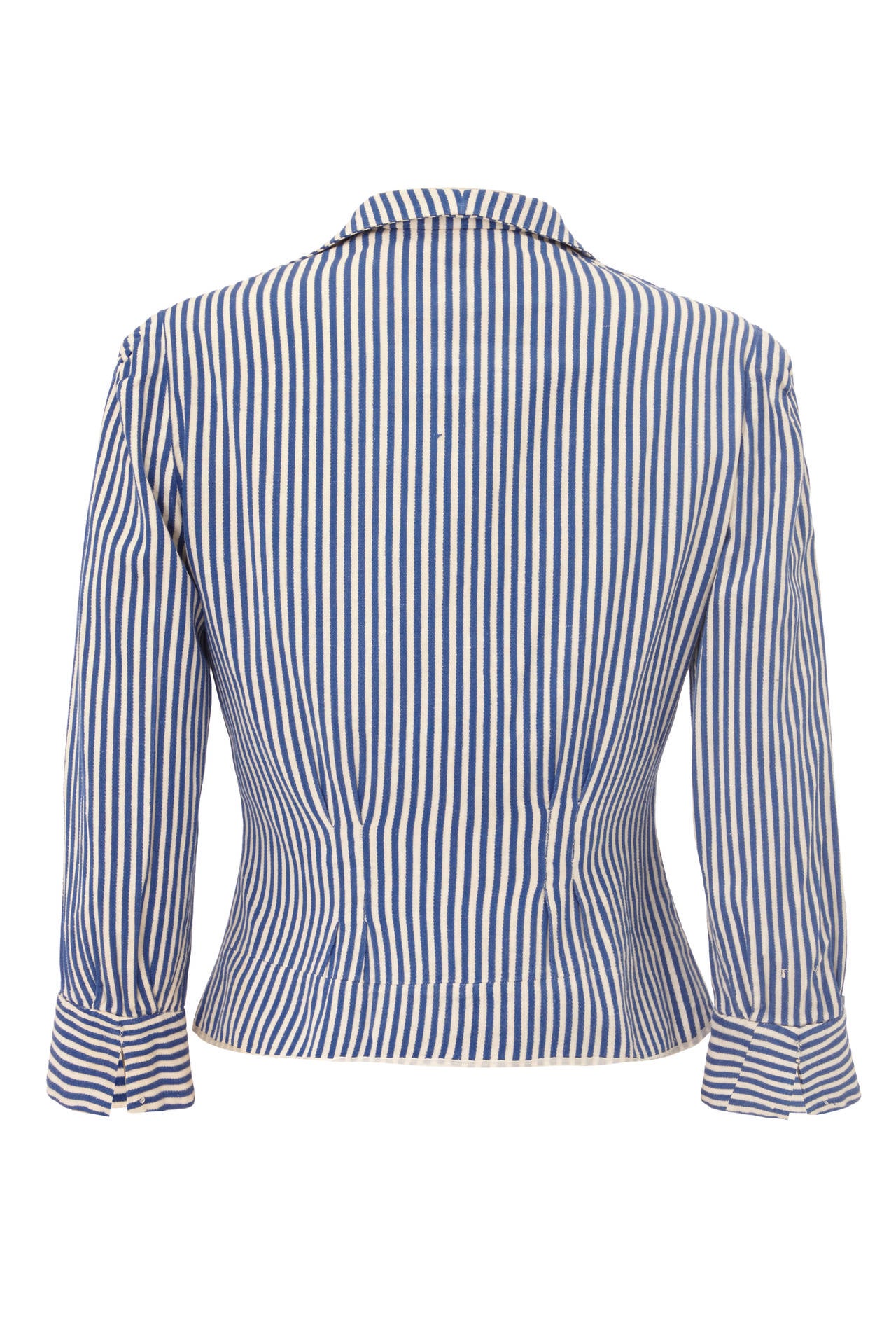 Blue and white striped cotton shirt/ jacket with ¾ sleeves.  It fastens at the front with four clear buttons and is a nice example of early 20th century clothing in very good condition.