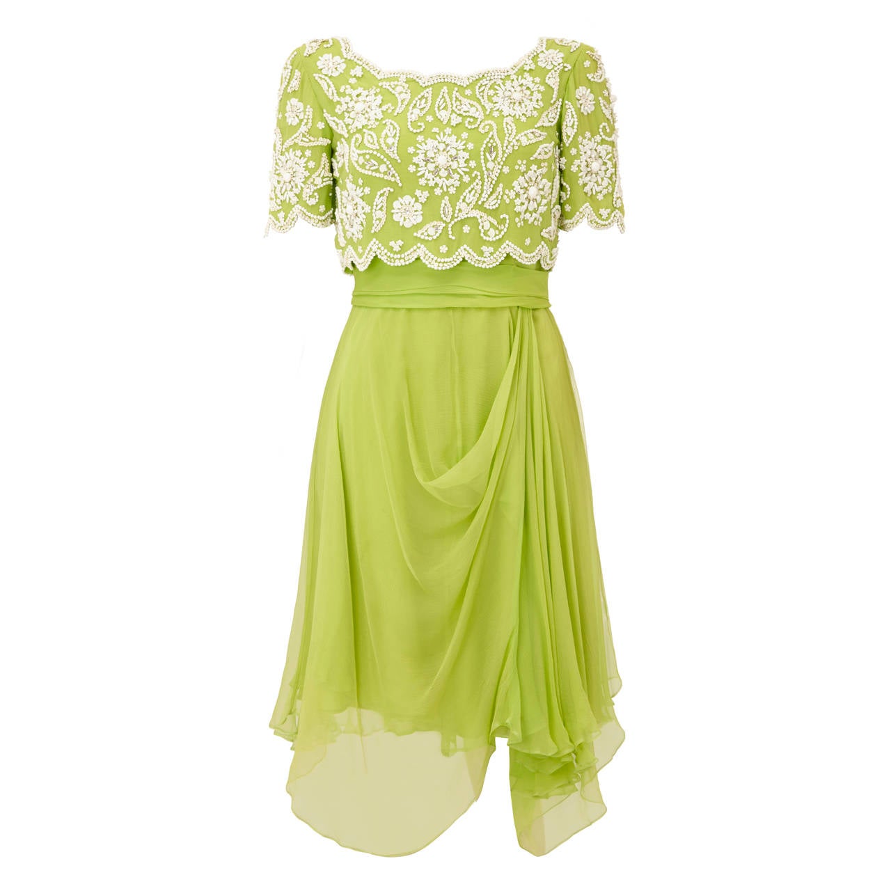1960s Ian Thomas Lime Green Beaded Chiffon Dress