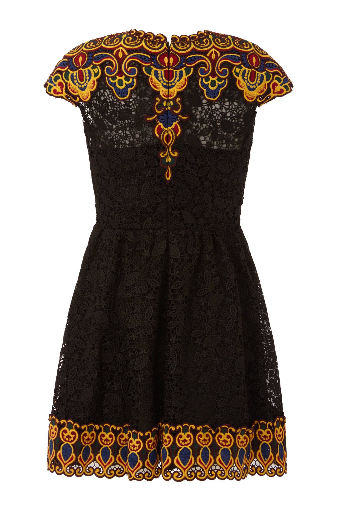 Beautiful Valentino dress from the 2014 spring/summer collection, look 46.  This was the short sleeved version which made it into commercial production following the runway show some 6-months previous.  In black cotton mix lace with colourful lace