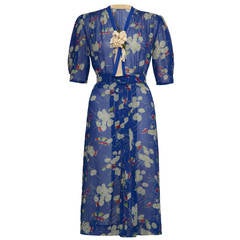 1930s Sheer Blue Floral Print Dress