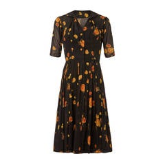 1950s I. Magnin Black Chiffon Dress With Rose Print