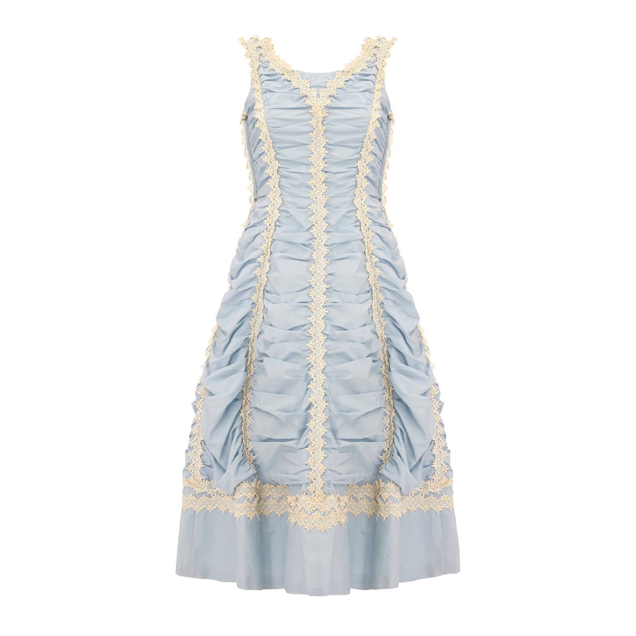 1950s Ruched Pale Blue Dress with Crochet Lace