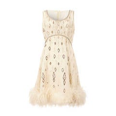 1960s White Beaded Dress With Feather Trim