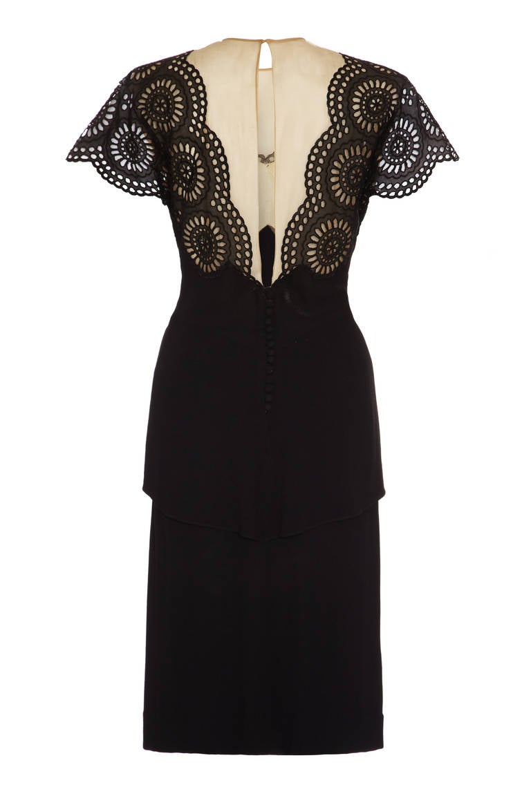 1940s Black Crepe Peplum Dress with Eyelet Work