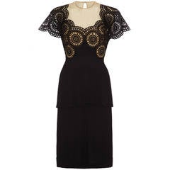 1940s Black Crepe Peplum Dress with Eyelet Work