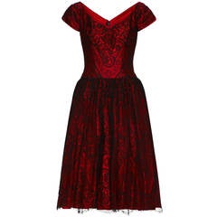 Vintage 1950s Red Silk Dress with Black Lace