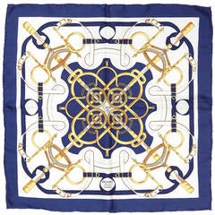 1970s Eperon d’Or Navy White and Gold Hermès Scarf