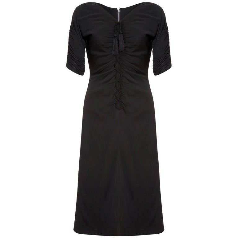 1940s Black Jersey and Twisted Tassel Wiggle Dress For Sale at 1stdibs