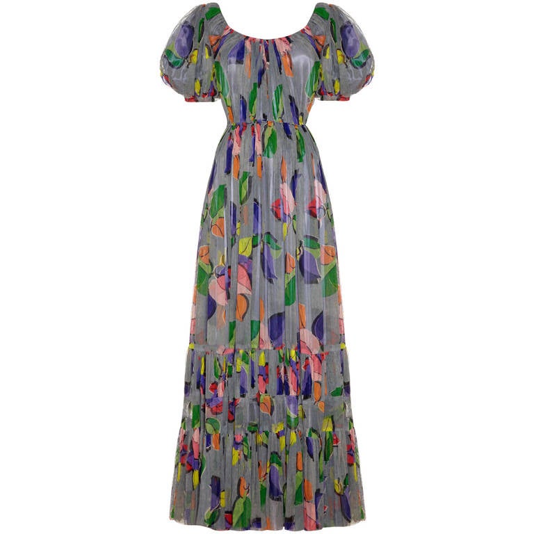 1930s French Couture Net Leaf Print Dress