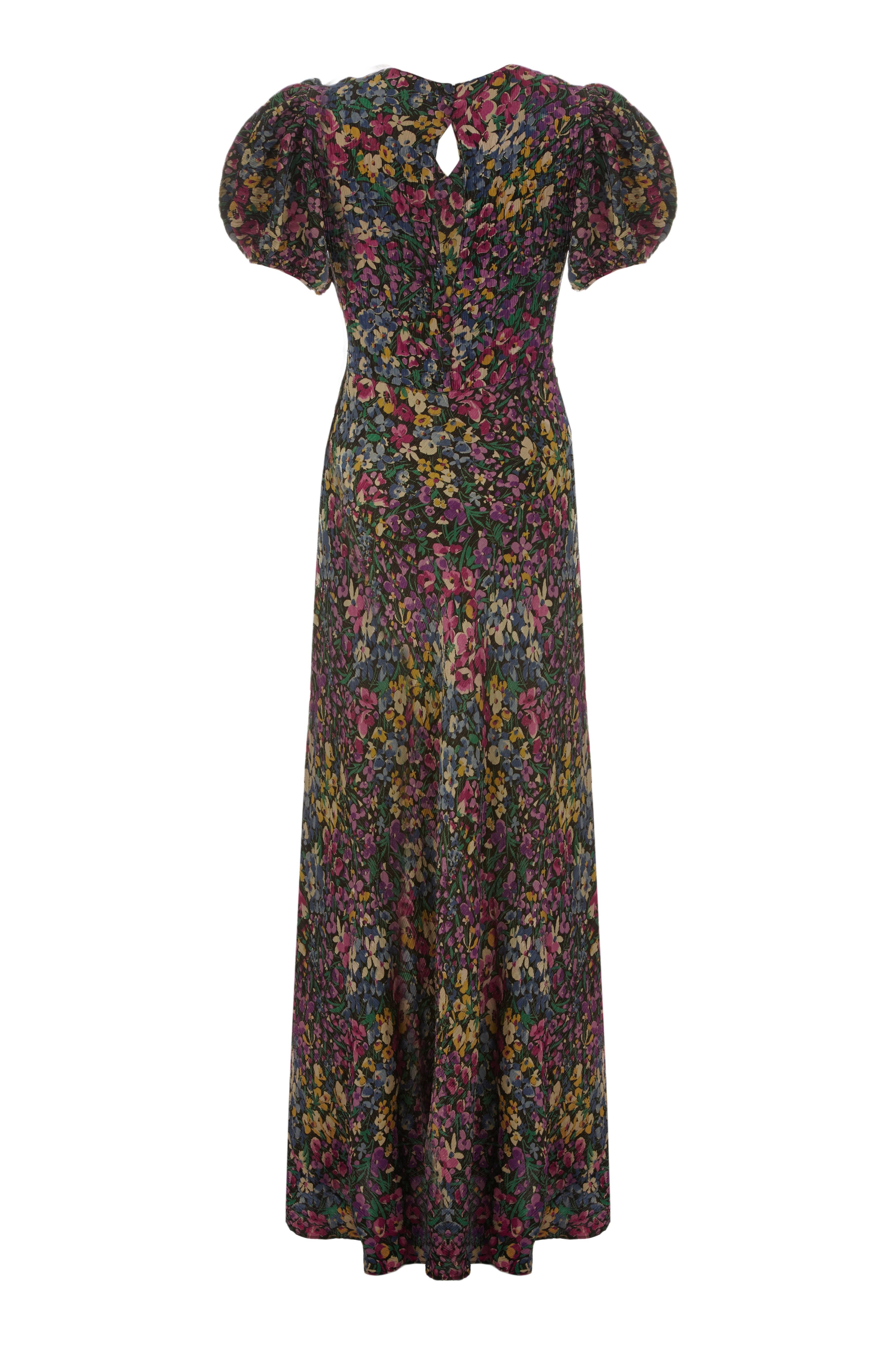 1930s Floral Lame Dress with Puff Sleeves at 1stDibs
