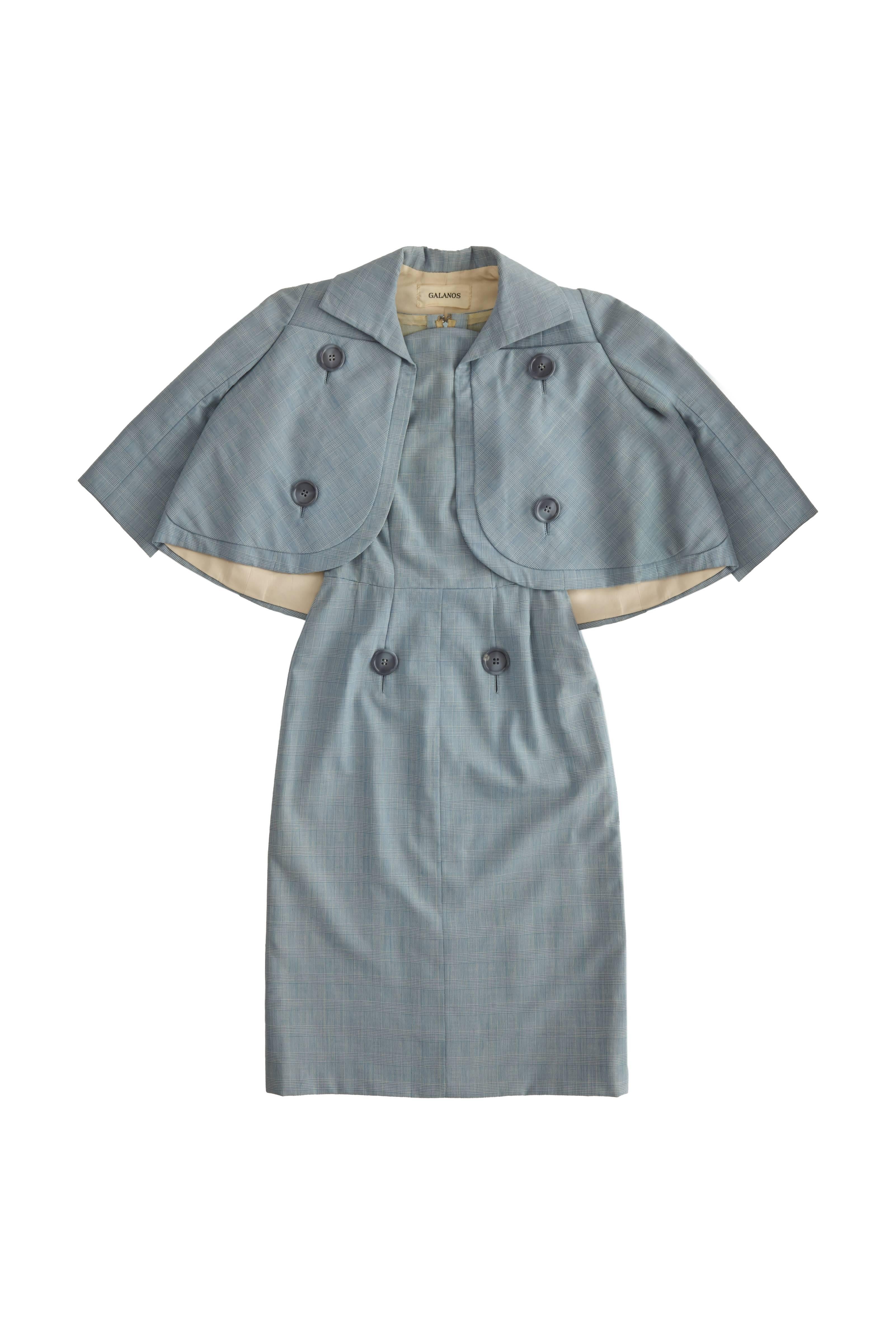 Gray 1960s Galanos Blue Check Dress Suit 