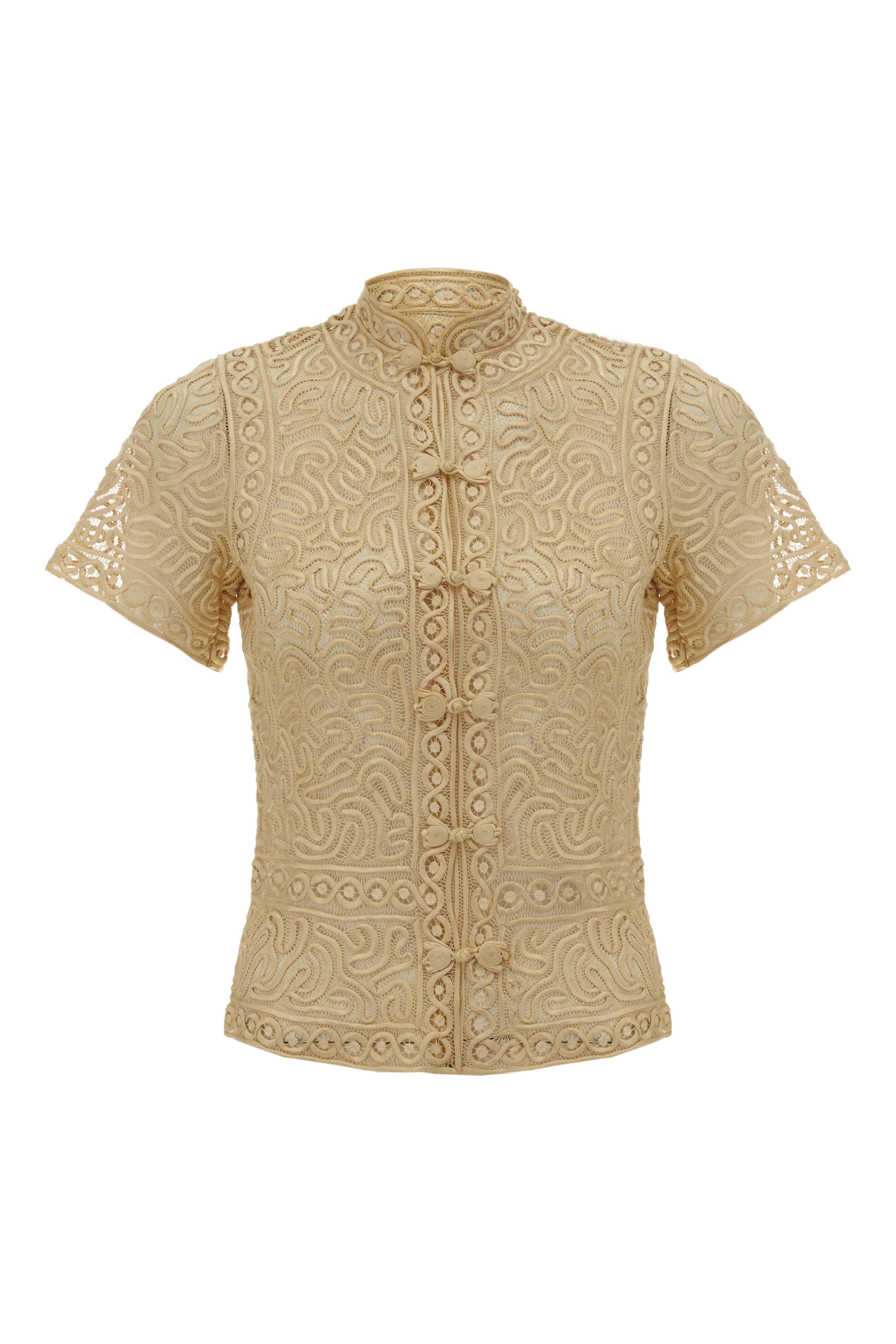 1920s Oriental Style Taupe Silk Tape Lace Blouse
