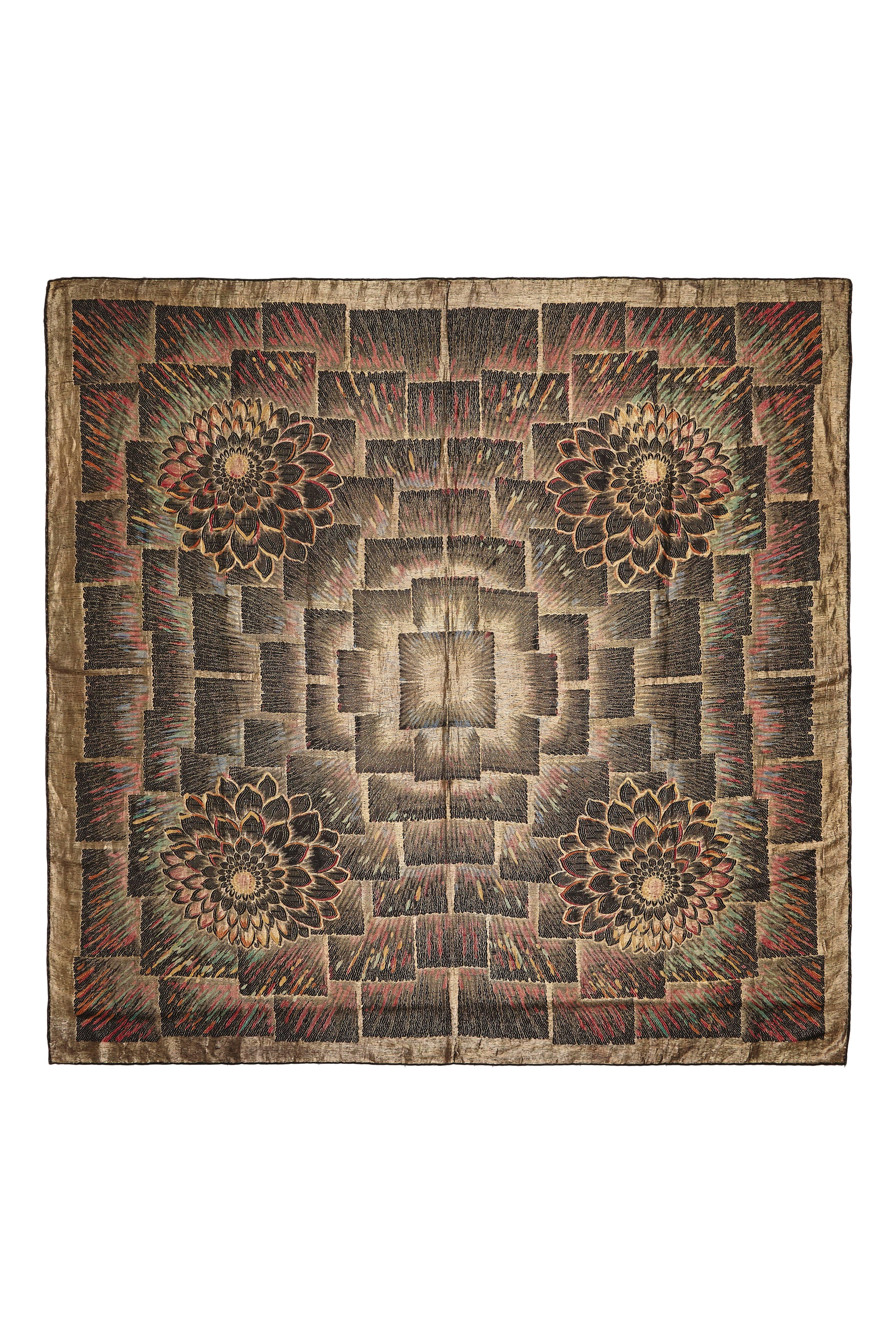 Stunning vintage 1920s square lame scarf in gold and black with flicks of blue, red and green.  This beautiful piece is made up of a pattern of squares with four large floral motifs in each corner.  It is large in size measuring 130cm x 130cm/ 51” x
