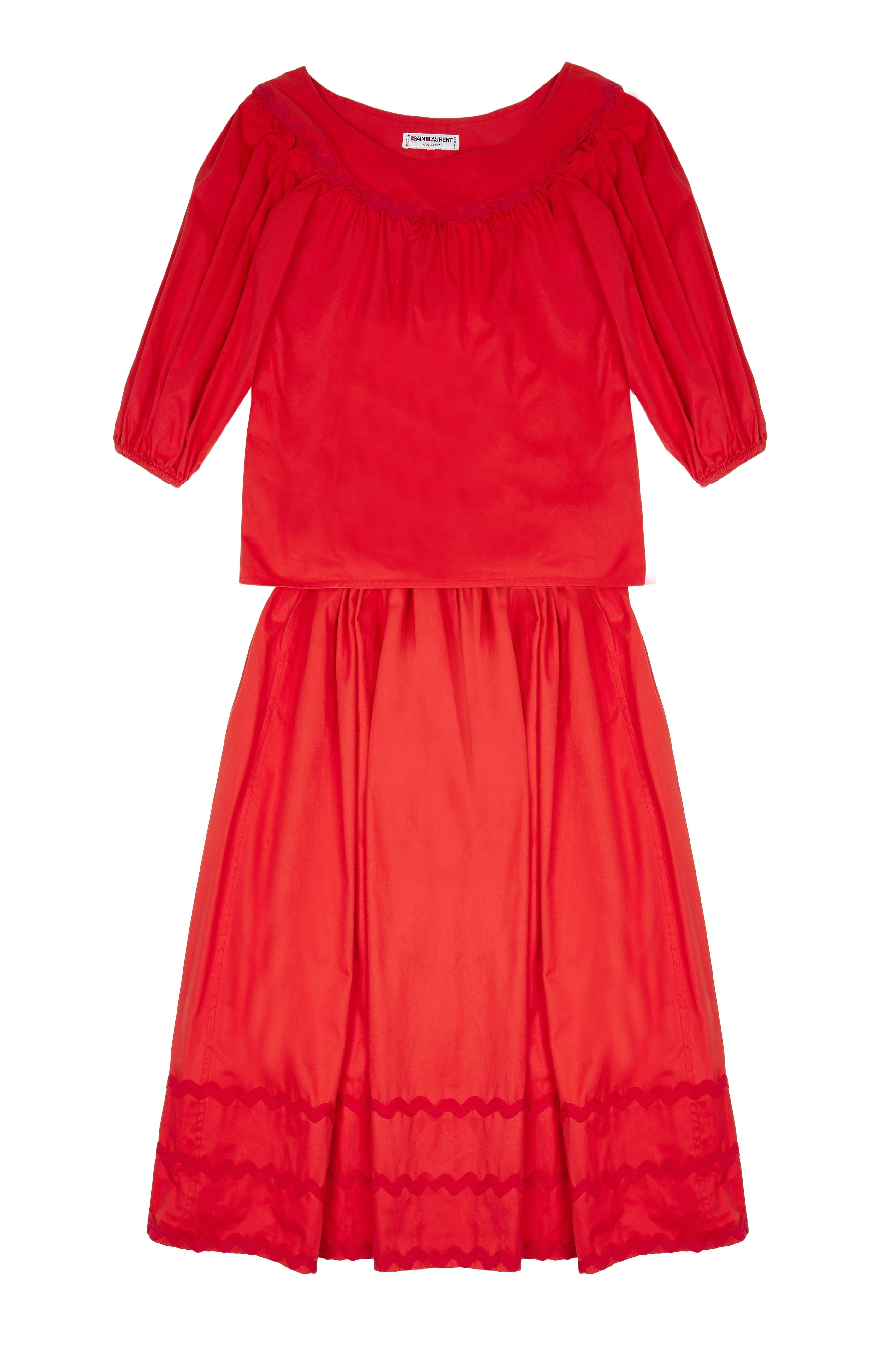 1970s Yves Saint Laurent Red Cotton Peasant Skirt and Blouse Set  In Excellent Condition In London, GB