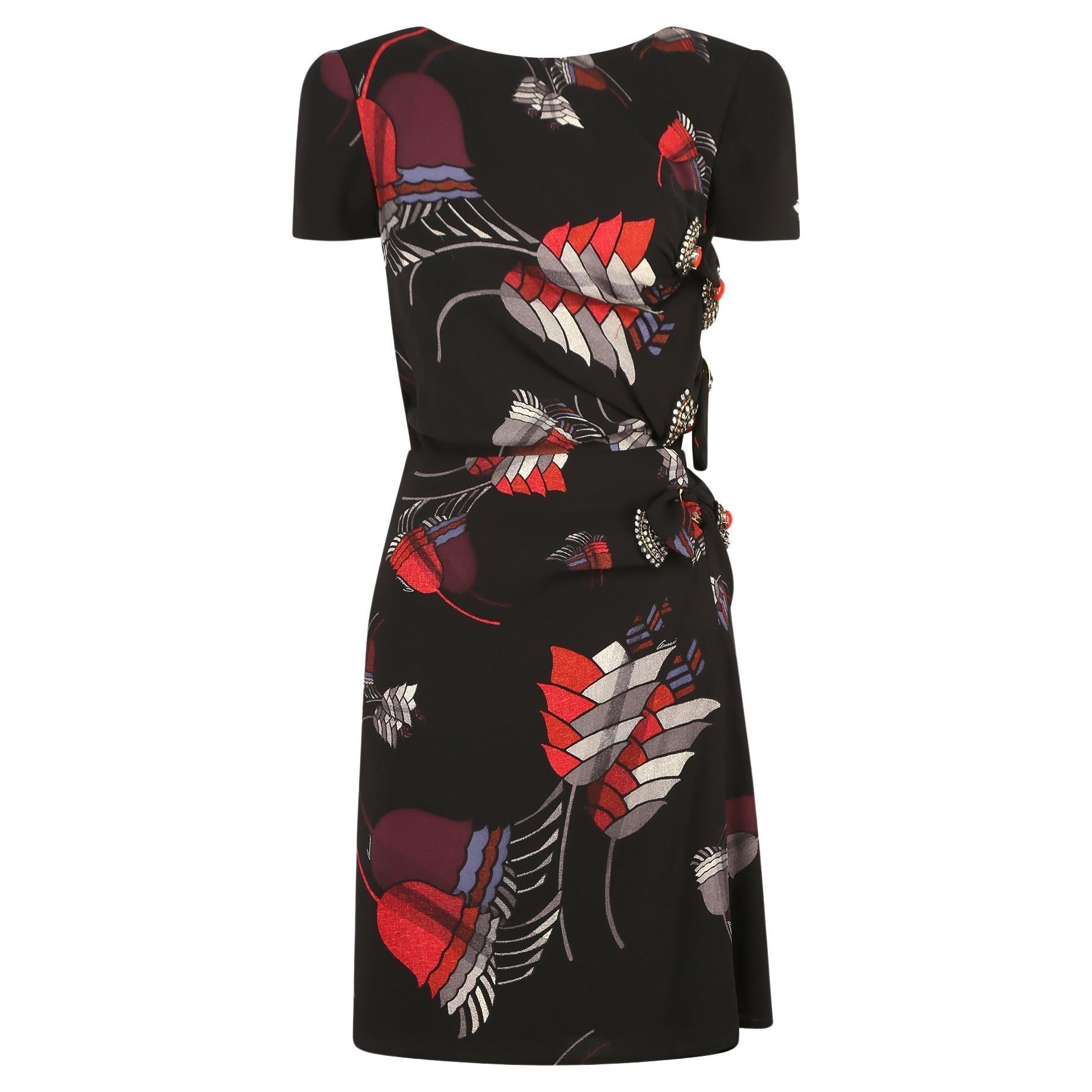 2007 Gucci Runway Art Deco Print Dress with Crystal Appliqué For Sale
