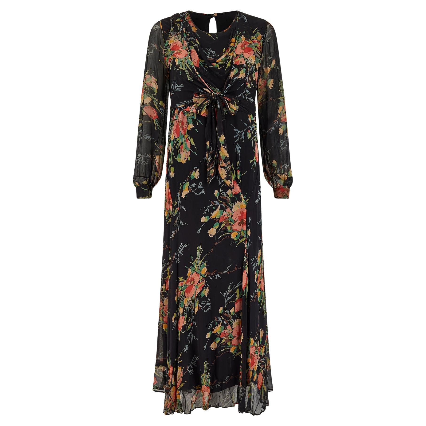 1930s Midnight Blue Long Sleeve Floral Georgette Maxi Dress