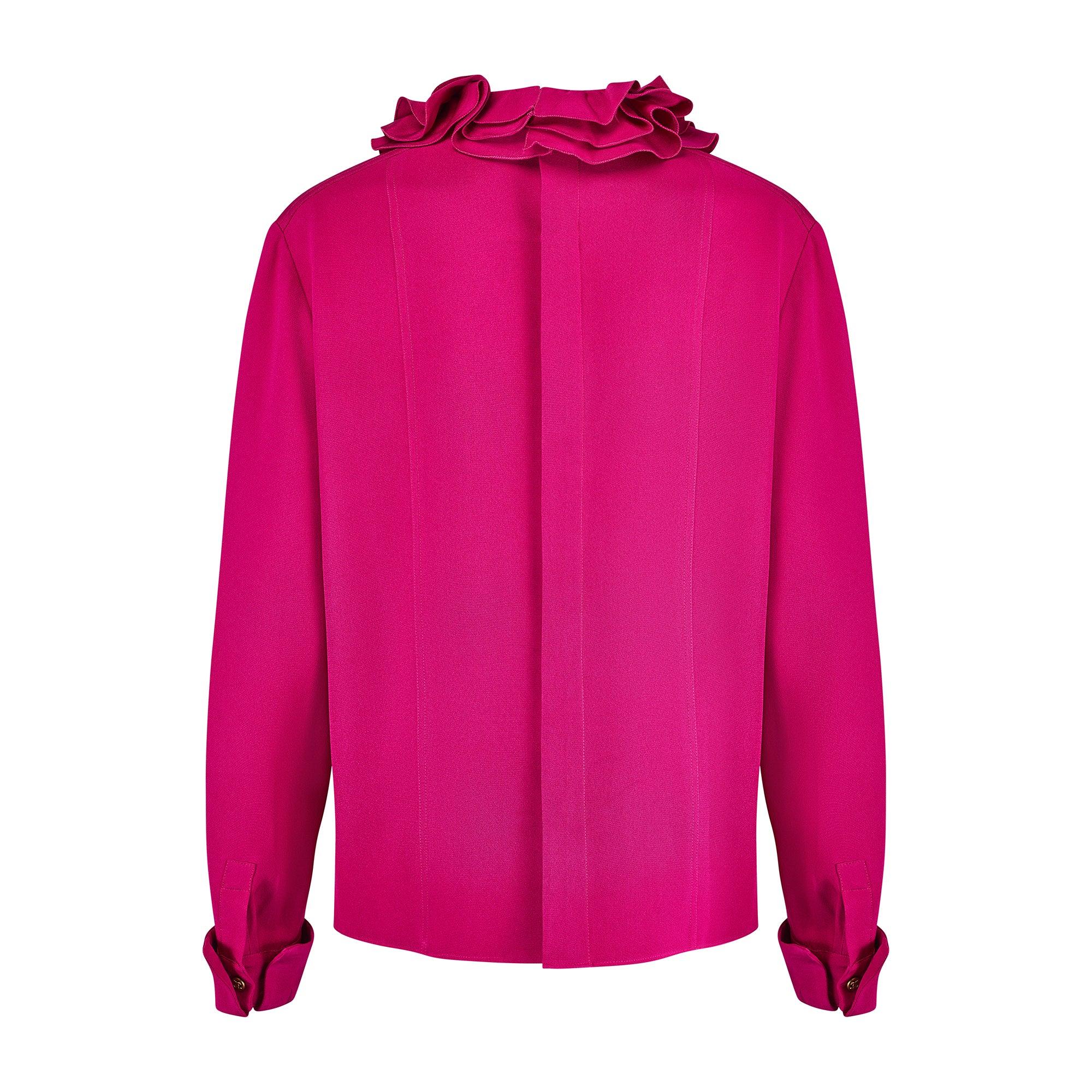Blusa Chanel años 80 de seda pesada fucsia con cuello de volante Rojo en venta