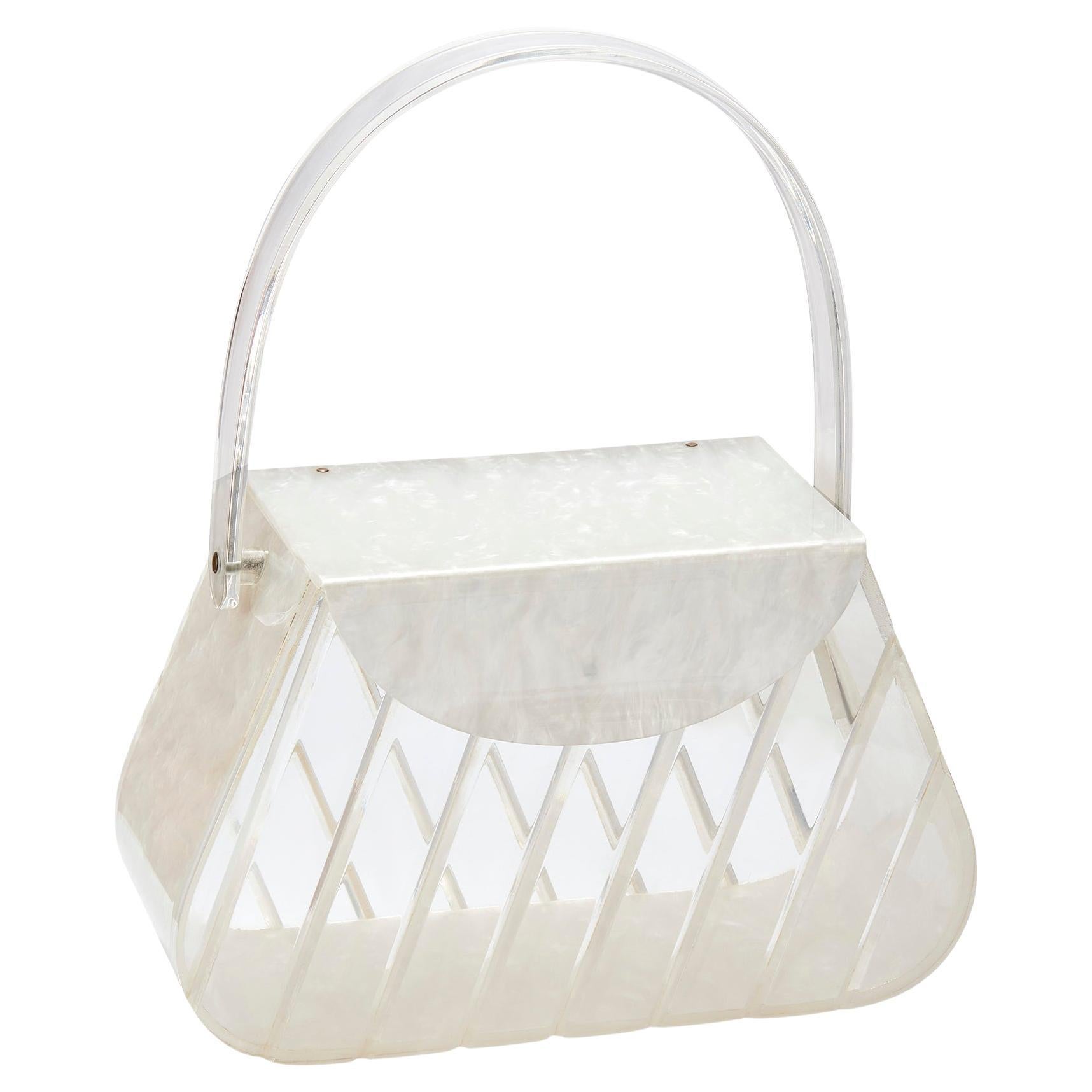 1950s Pearlescent Trapeze Clear Lucite Top Handle Bag For Sale