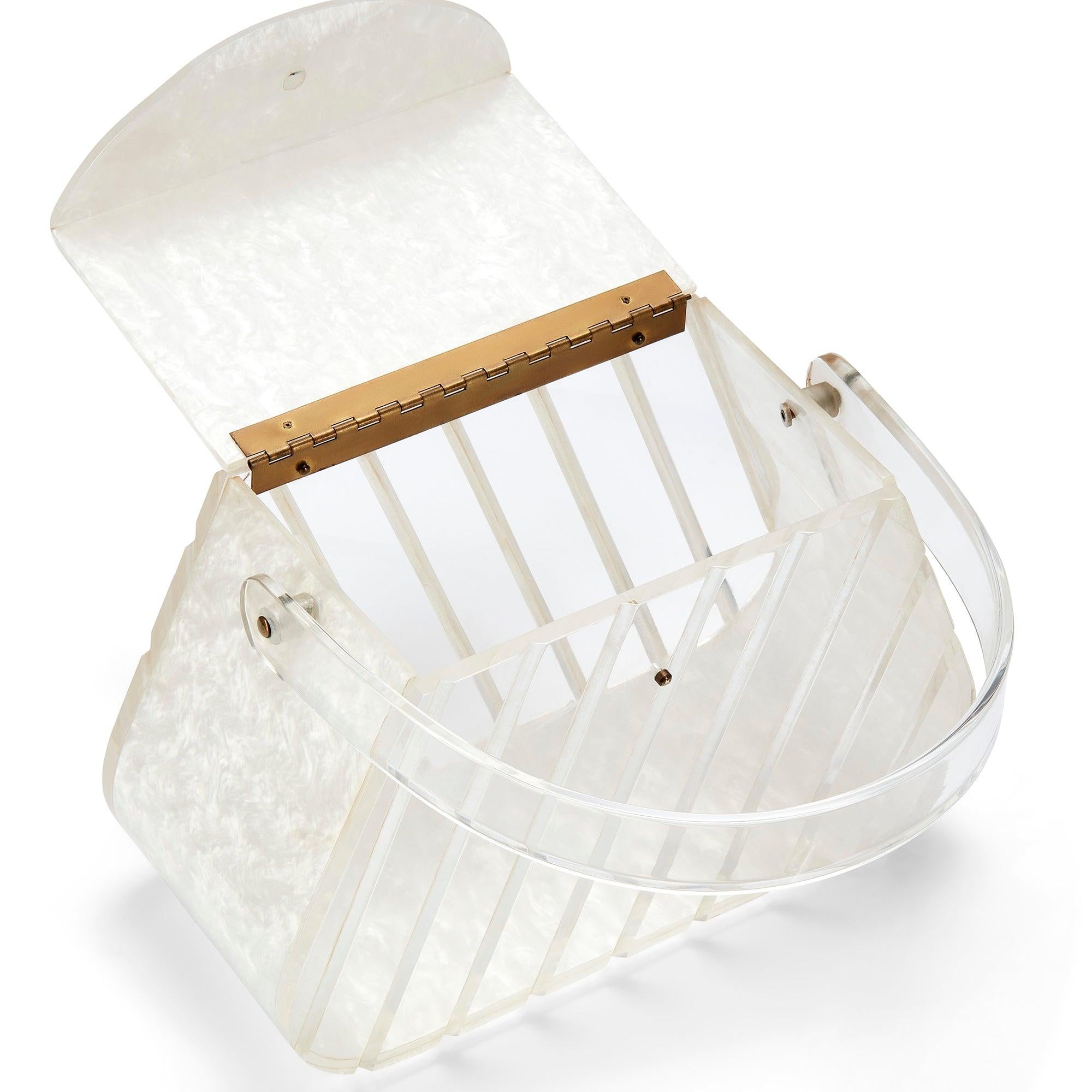 Gray 1950s Pearlescent Trapeze Clear Lucite Top Handle Bag For Sale