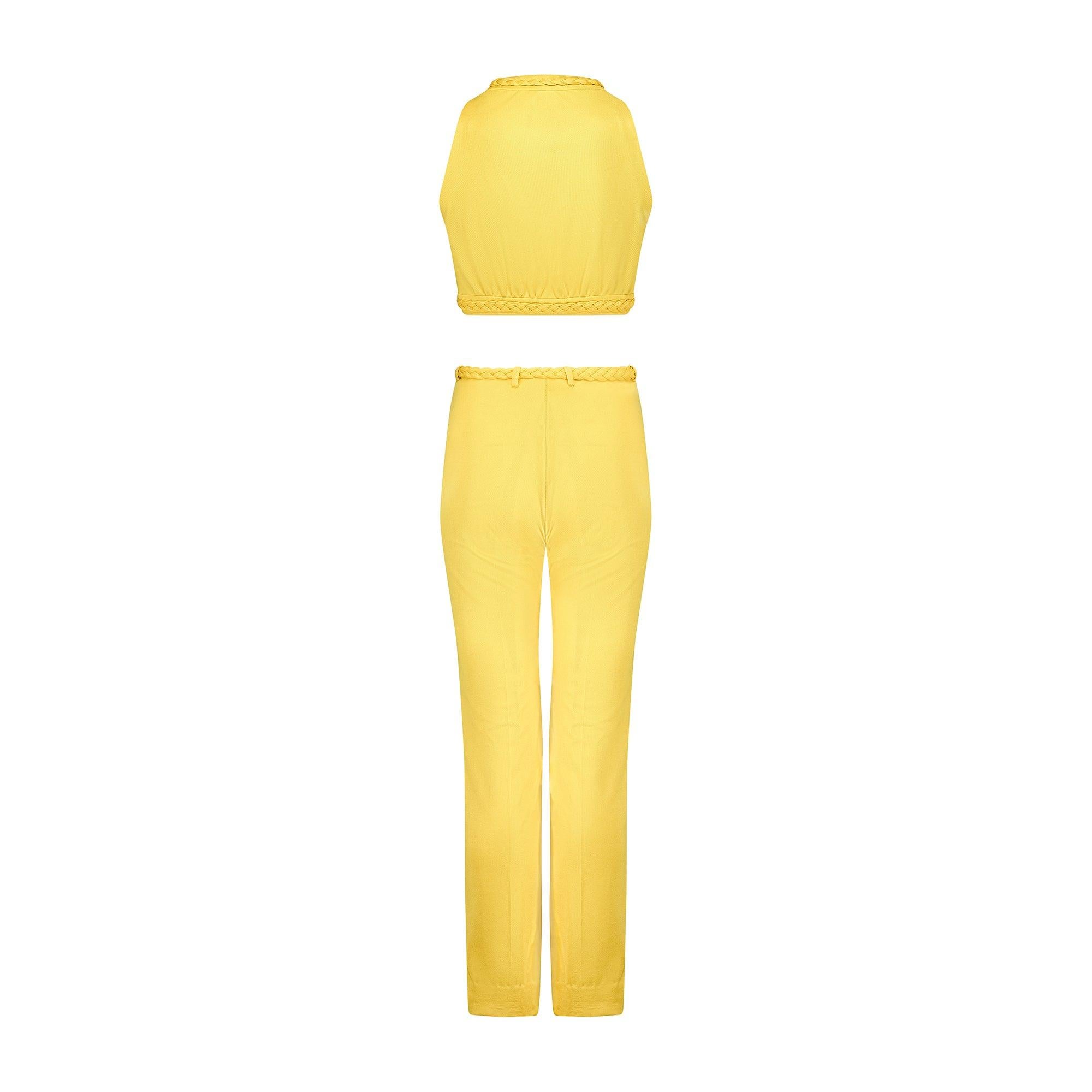 Jaune 1970s Dana Yellow Crop Top and Trousers with Braid Detail (Haut et pantalon en jersey jaune avec détails de tresses) en vente