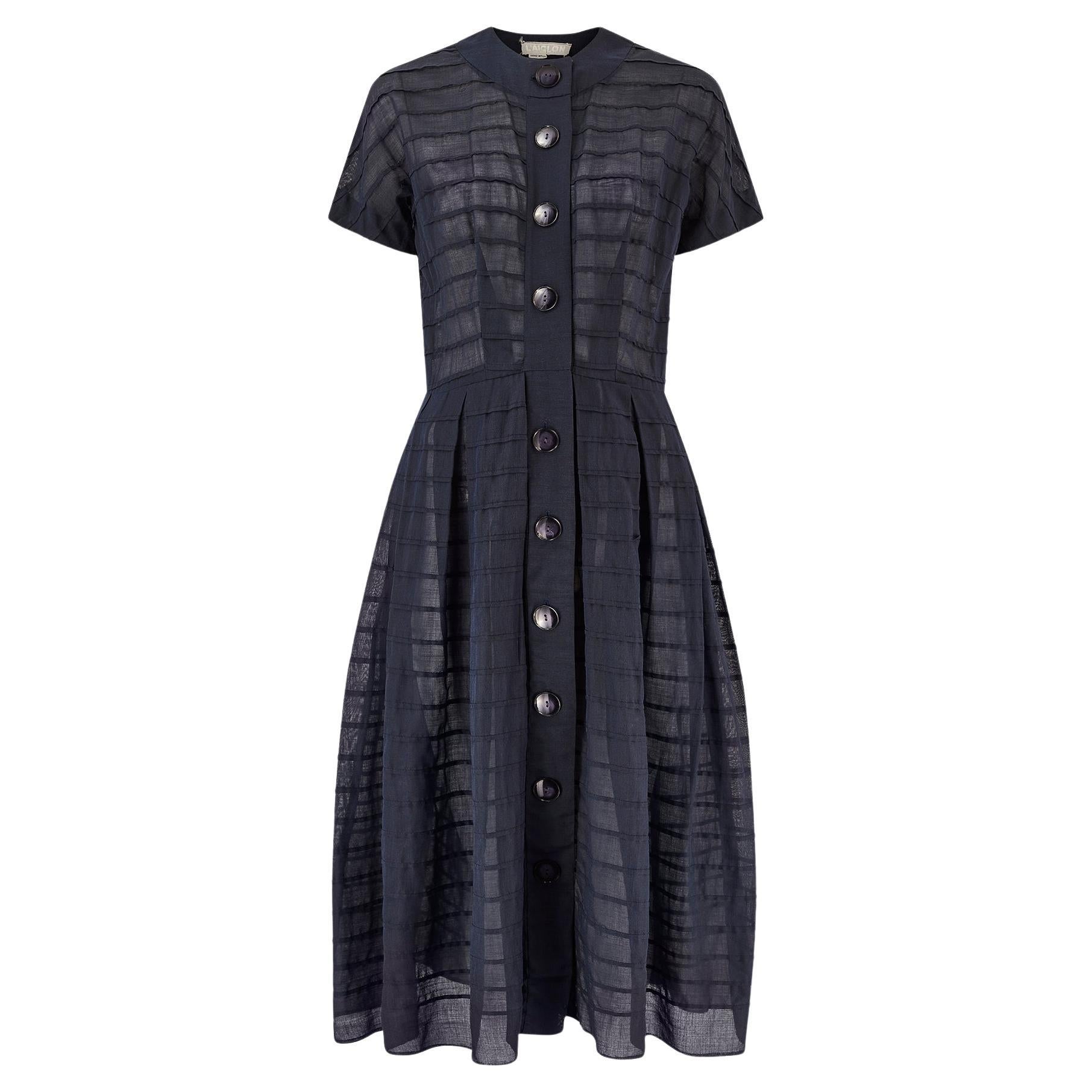1950s L'Aignon Marineblaues Baumwollkleid mit kurzen Ärmeln und Faltenwurf