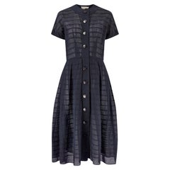 Vintage 1950s L'Aignon Navy Cotton Short-Sleeve Dress with Pleat Detail