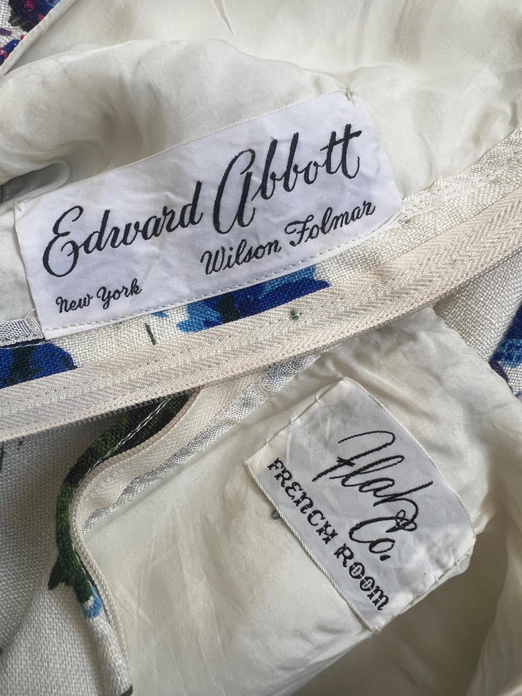 Donna Abito anni '60 di Edward Abbott color crema con fiori blu e viola in vendita