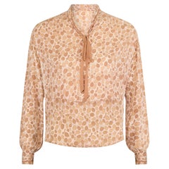 1920s Pale Brown Leaf Print Silk Blouse with Tie-Neck