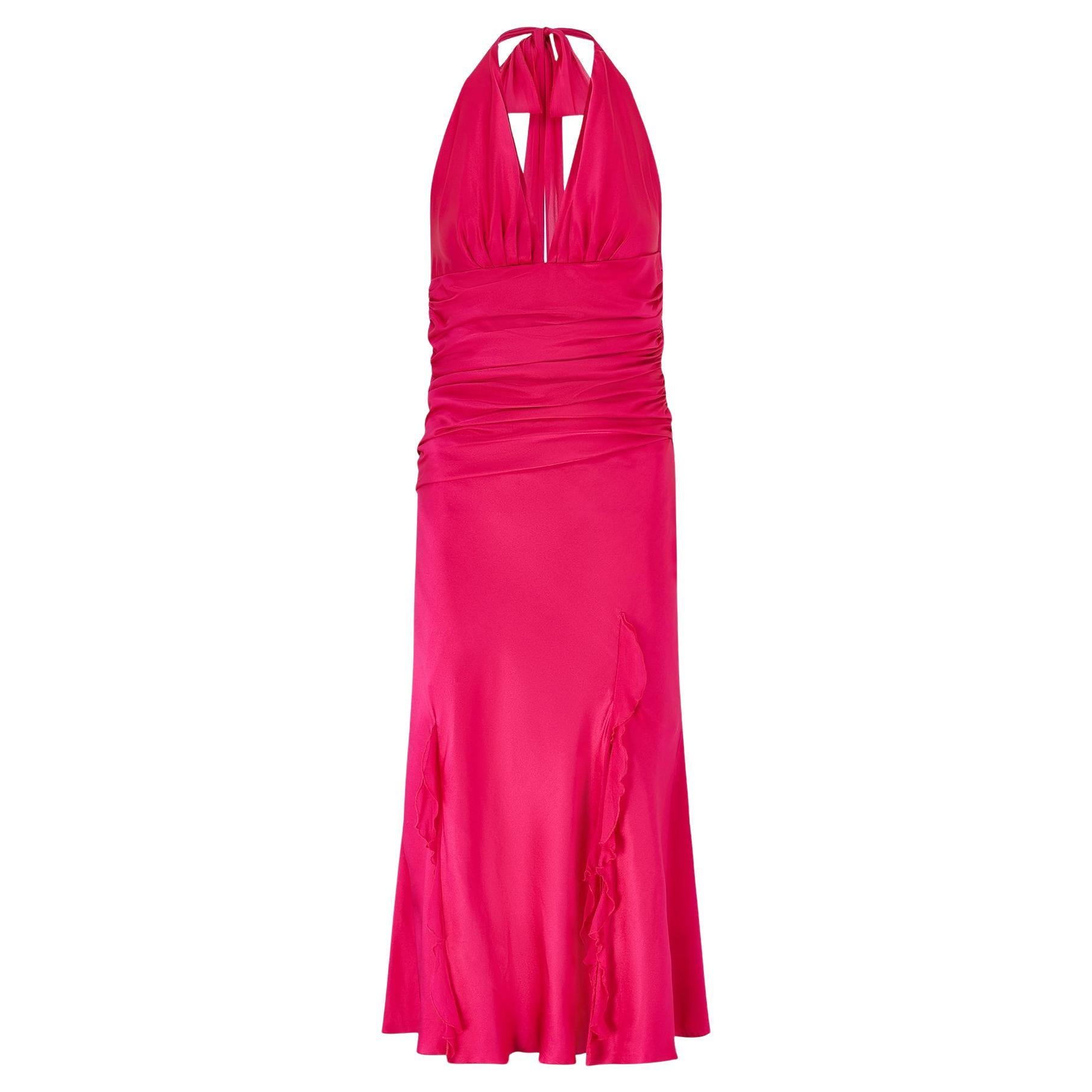 1990 - Robe midi en soie fuchsia à col licou en vente
